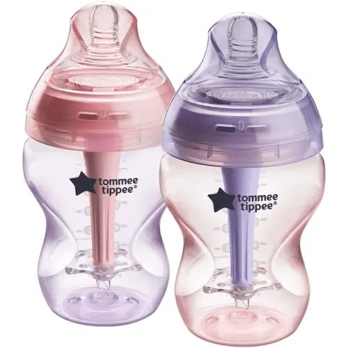 Tommee Tippee Advanced Anti-Colic 9 oz BPA Free Baby Bottles, Newborn 0+ Months, Slow Flow Breast-Like Nipple, Unique Design Keeps Air Away From Milk and Baby, Pink and Purple, Pack of 2