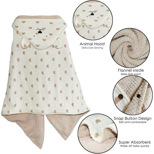 Ultra-Soft Hooded Bath Towel with Flannel Linning for Baby and Toddler,55 * 25 inches Warm Baby Absorbent Towels (Bear Design)