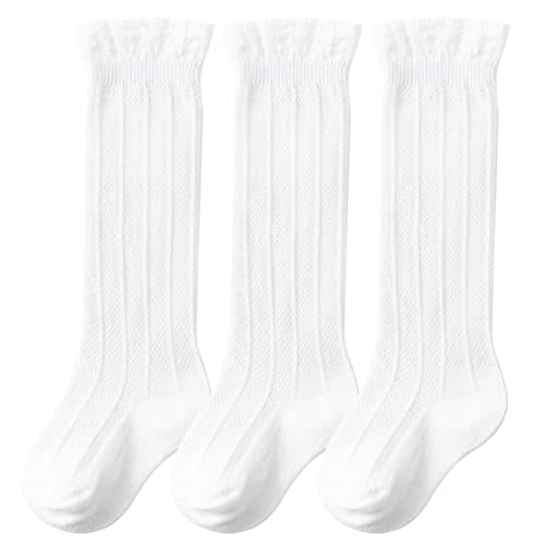 DRESHOW BQUBO Baby Girls Knee High Socks Infants Toddlers Kids Ruffled Socks Uniform Dress Socks Knit Cotton Long Stockings