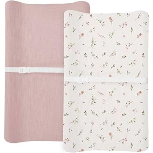 Changing Pad Cover for Baby Boy Girl 2 Pack, Muslin Changing Table Pad Covers with Boho Style, Neutral Nursery Bedding Essentials Soft and Breathable(Petal Leaf & Pink)