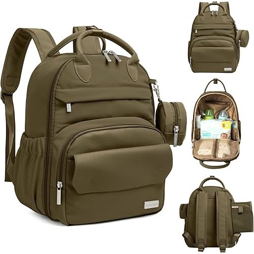 Diaper Bag Backpack - Multifunctional Travel Diaper Back Packs,Maternity Baby Changing Bags, Compact 12L Capacity, PU Leather, Waterproof, Unisex, Stylish Nappy Bag, Diaper Changing Pad (Dark Olive)