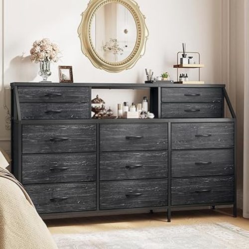 55" W Black Dresser for Bedroom, Dressers & Chests of Drawers with 13 Fabric Drawers and 2 Extra Open Shelves, Long Vanity Dressers for Bedroom & Closet, Metal Frame & Wooden Top