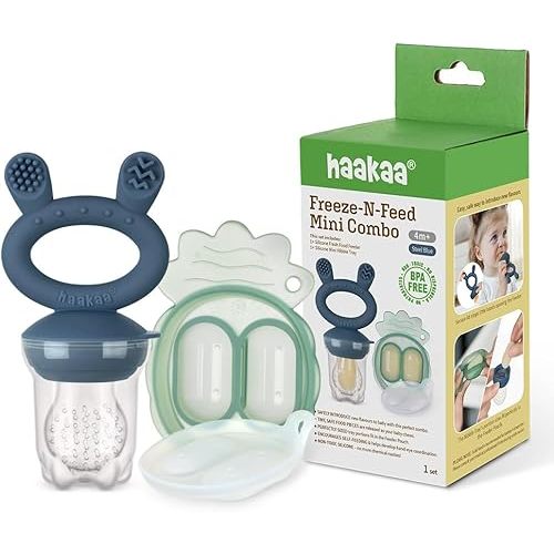 Haakaa Freeze-N-Feed Mini Combo with Silicone Food Feeder & Silicone Mini Nibble Tray|Baby Solid Food Self Feeder|Breastmilk Popsicle Mold Storage & Feeder for Soothing Baby Gums 1 PK