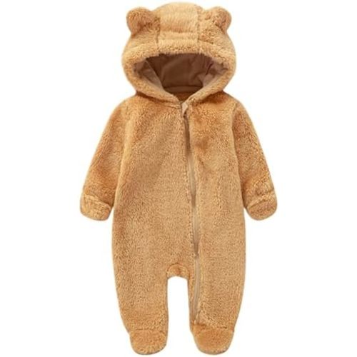 CAHL&FAUO Newborn Snowsuit Baby Cartoon Bear Onesie Warm Fleece Hooded Romper Jumpsuit