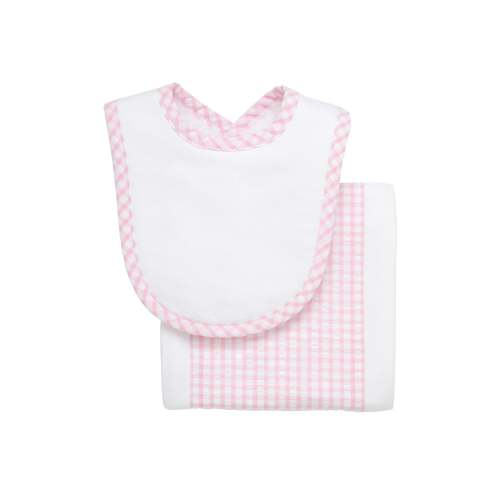 Big Check Drooler Bib & Burp Set, Pink