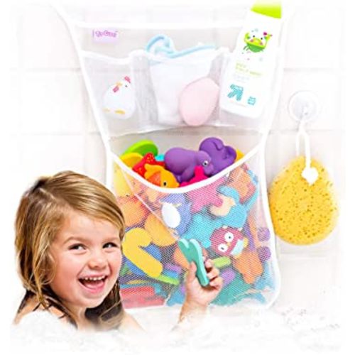 Tub Cubby Original Bath Toy Storage - Hanging Bath Toy Holder, with Suction & Adhesive Hooks, 14"x20" Mesh Net Shower Caddy for Kids Bathroom Decor, Bedroom Toy Organizer (Classic Storage + 26 Toys)