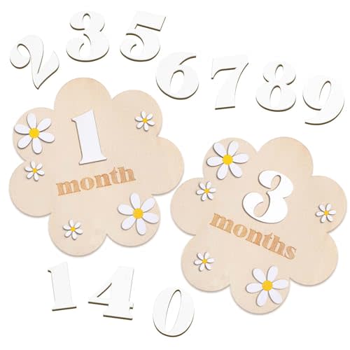 Burbell 3D Wooden Daisy Baby Monthly Milestone Cards 1-12 Months Interchangeable Baby Months Signs Monthly Milestone Discs Baby Announcement Sign for Baby Shower Newborn Photo Props Gifts (White)