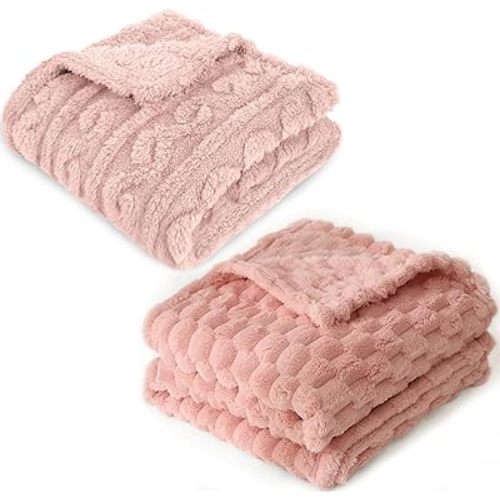 HOMRITAR 2 Pack 3D Fleece Fluffy Fuzzy Blanket for Baby + 3D Imitation Turtle Shell Jacquard Bed Blankets Pink 30 x 40 Inch