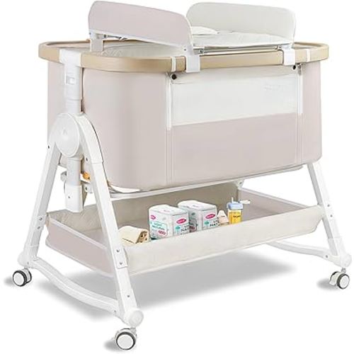 4 in 1 Baby Bassinet, Bassinet Bedside Sleeper with Wheels and Storage Basket, Adjustable 7 Heights Bedside Sleeper with Changing Station, Breathable Mesh Rocking Bassinet for Baby/Newborn