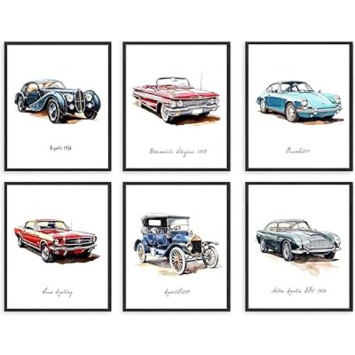 HUACANVASART Watercolor Classic Car Wall Art Prints, Vintage Classic Car Wall Poster, Retro Racecar Art Poster Decor for Boys Room, Nursery, Teens Bedroom, Playroom Decoration, Set of 6