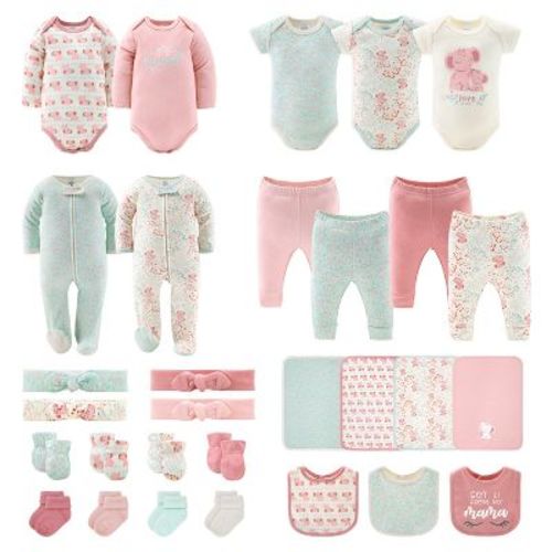 Baby Girl Layette Clothing Gift Set, 30pc - The Peanutshell® Floral Elephant, Pink Green, 0-3 Months
