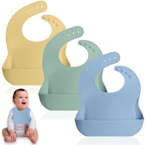 Set of 3 Waterproof Silicone Baby Bibs - BPA Free Silicone Baby Bib - Flexible and Soft