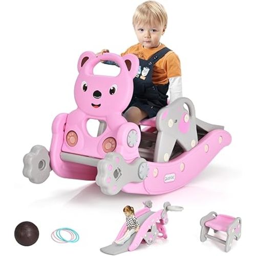 GLACER 5 in 1 Toddler Slide Rocking Toy, Rocking Horse Playset with Slide, Basketball Hoop, Ring Toss Game, Stool & Inflatable Basketball, Convertible Climber Playground for Indoors Outdoors (Pink)