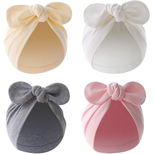 4 Pcs Baby Bow Knot Turban Hat Newborn Head Wraps Infant Knotted Beanie Cap Toddler Hospital Hat Soft Elastic Turban A