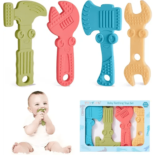 TYRY.HU Baby Teething Toys for Babies 0-6 Months 6-12 Months, BPA Free Silicone Baby Molar Teether Chew Toys, Hammer Wrench Spanner Pliers for Boys Girls, Soft-Textured, Easy to Hold & Clean, 4 Packs