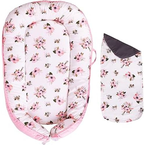 Baby Lounger 0-24 Months - Infant & Newborn Lounger with 2-Inch Mattress Pad, Soft Baby Lounger Cover, Waterproof Urine Liner & Pad Cover - Available in 15 Patterns - BL06 Cotton Pink Flowers