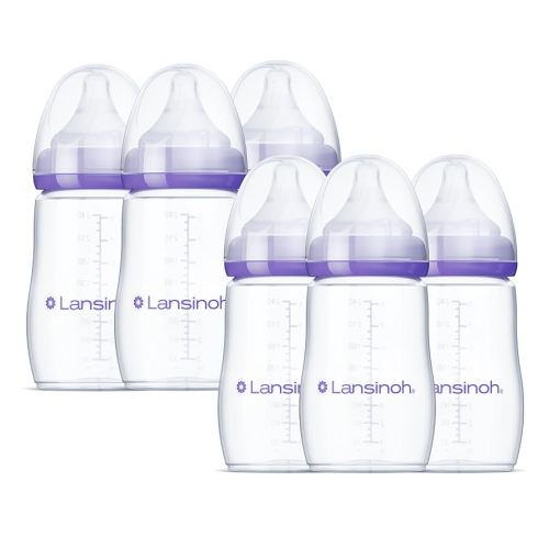 Lansinoh Anti-Colic Baby Bottles for Breastfeeding Babies, 8 Ounces, 6 Count, Includes 6 Medium Flow Nipples, Size M