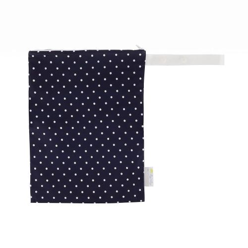 Itzy Ritzy Sealed Wet Bag with Handle – Wet Bag for Travel, Swimsuits, Cloth Diapers, Gym Clothes & Toiletries - Washable & Reusable with Water Resistant Lining - Measures 11” x 14” (Navy Dots)