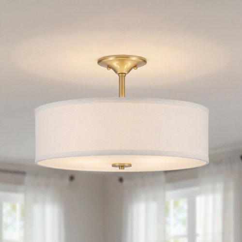 Progress Lighting Inspire 18-in Satin Brass Indoor 3 -Light Semi-flush Mount Light with Etched Glass with Fabric Shade
