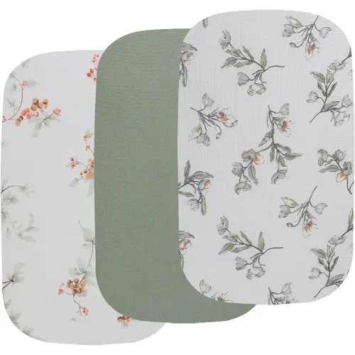 Onacosht Muslin Bassinet Sheets 3 Pack, 100% Cotton Baby Fitted Sheet 33" x 19" Compatible with Mika Micky, KoolaBaby (3 in 1), BabyBond, HARPPA and RICUTON Bedside Bassinet, Green and Botanical