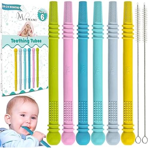 Baby Teething Toy - Pack of 6 Hollow Teething Sticks with 2 Cleaning Brushes - 100% Food Grade Silicone, BPA Free, and Dishwasher Safe - 6 Vibrant Colors for 6-18 Months Babies