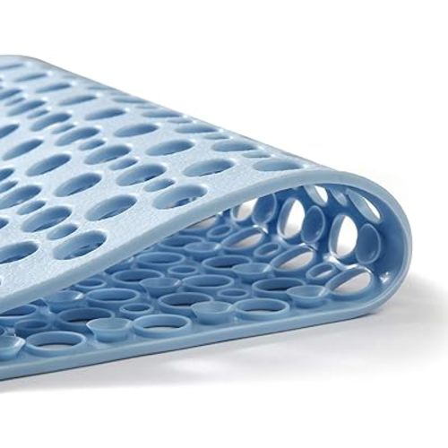 Bath Tub Shower Mat, Extra Soft Long Bath Mat Non-Slip with Suction Cups, TPE Bath Mat for Kids, Machine Washable Bathroom Mat (Blue, 35 x 16 Inch)