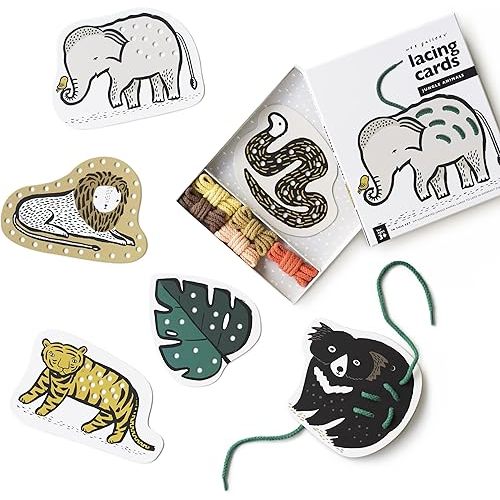 Wee Gallery Jungle Animal Lacing Cards for Toddlers, Sewing Board Activity for Children, Kids Travel Activity to Improve Motor Skills, Color Identification, and Dexterity (Ages 3 and up)