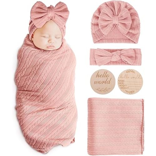 Newborn Receiving Blanket with Bow Hat Headband Wooden Card Set Wheat-Pattern Newborns Toddler Baby Boy Girl Nursery Swaddle Wrap