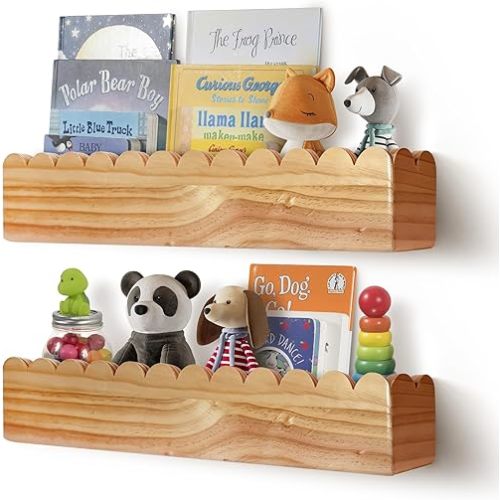 Set of 2 Pre-Assembled Floating Nursery Book Shelves, Scalloped Book Shelf - Kids Wall Bookshelf, Nursery Decor, Floating Shelves for Wall (24 inches)