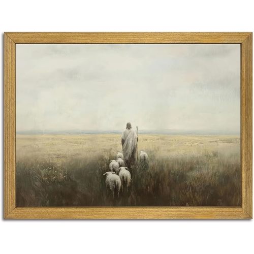 Wood Framed Jesus Wall Art, Christian Canvas Wall Decor, Jesus Leaves the 99 Sheep Poster Print Picture, Lost Lamb Religious Artwork Oil Painting for Living Prayer Room Bedroom 16x24 inch
