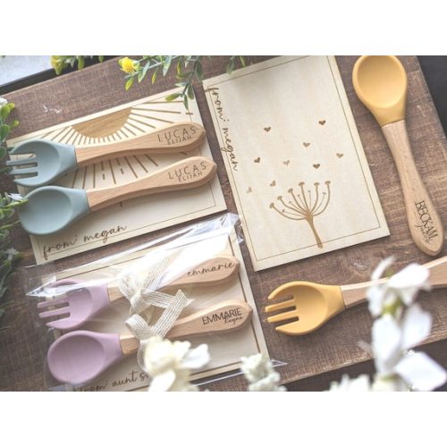 Personalized Spoon and Fork Set, Engraved Baby Spoon, Personalized Baby Shower Gift, Silicone Utensils, on Personalized Wood Gift Tag Plate - Etsy