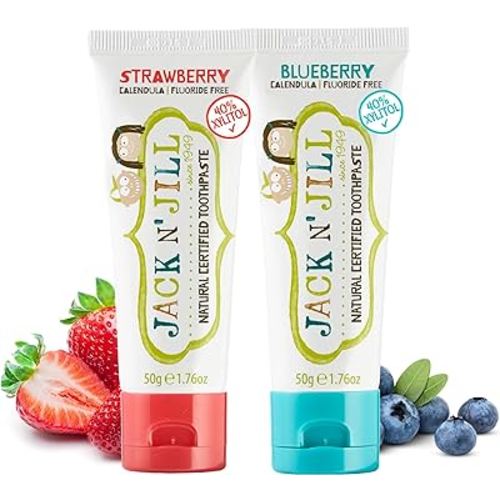 Jack N' Jill Natural Toothpaste for Babies & Toddlers - Safe if Swallowed, Xylitol, Fluoride Free, Organic Fruit Flavor, Makes Tooth Brushing Fun for Kids - Blueberry & Strawberry, 1.76 oz (2 Pack)