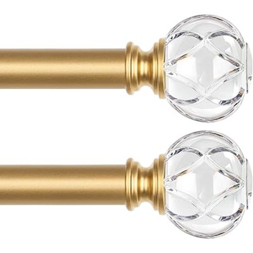 KAMANINA 1 Inch Curtain Rods 32 to 58 Inches (2.6-4.8 Feet) Telescoping Luxury Gold Curtain Rod for Windows, 2 Pack Decorative Drapery Rod with Crystal Netted Texture Ends