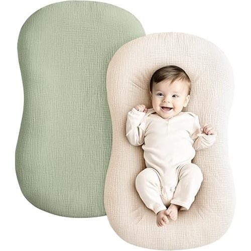 Konssy Muslin Baby Lounger Cover 2 Pack, 100% Cotton Newborn Lounger Cover, Soft and Breathable Lounger Cover for Boys Girls, Covers Only (Sage,Cream)