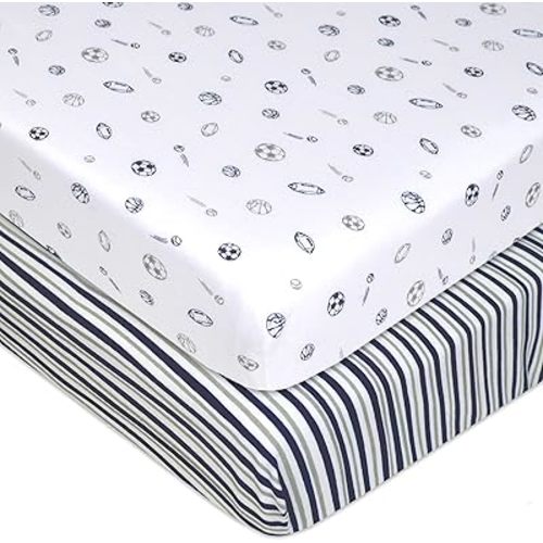 American Baby Company 2 Pack Fitted Pack N Play Playard Sheet 27" x 39", Soft Breathable 100% Cotton Jersey Pack and Play Sheet, Navy/Grey Sports Stripes, for Boys and Girls, Fits Most Mini Crib