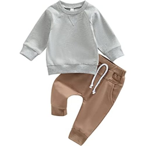 Toddler Baby Boy Clothes Solid Color Long Sleeve Crewneck Sweatshirt Top Casual Pants Set 2Pcs Fall Winter Outfits