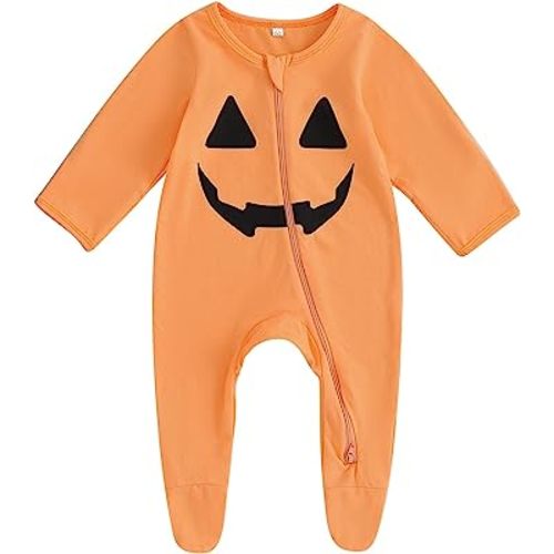 Unisex Halloween Baby Girl Boy Footed Onesie Zip Up Romper Pumpkin Print Footie Zipper Onepiece for Newborn Infant