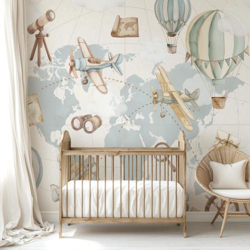 Vintage Airplane Nursery Wallpaper Retro Hot Air Balloon Wall Art Peel And Stick Adventure Map Wall Mural For Toddlers Room