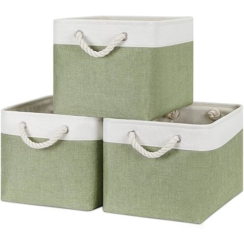 Bidtakay Large Fabric Baskets for Organizing [3-pack] Closet Organizers and Storage Baskets for Gifts Empty Foldable Nursery Baskets for Toy Storage 15 X 11 X 9.5 Inches (White&green)