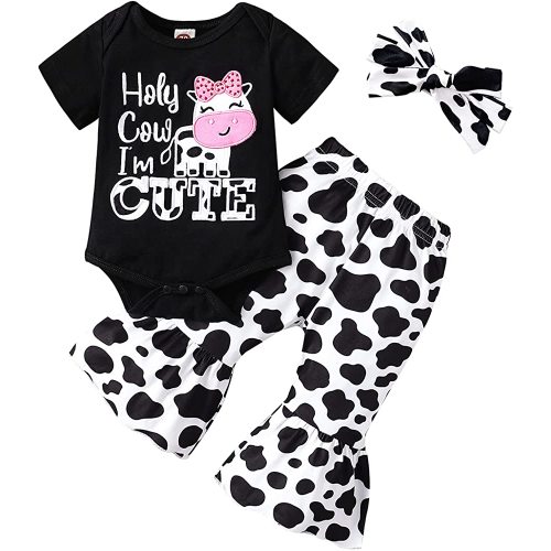 Newborn Girl Clothes Baby Cow Letter Print Romper+Long Pants+Headband 3PCS Cute Summer Fall Outfits