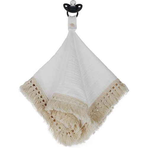Boho Muslin Baby Blanket with Pacifier Holder - 100% Cotton Muslin, Ultra-Soft & Breathable, Machine Washable with Durable Polyester Tassels, Compatible with Most Pacifiers