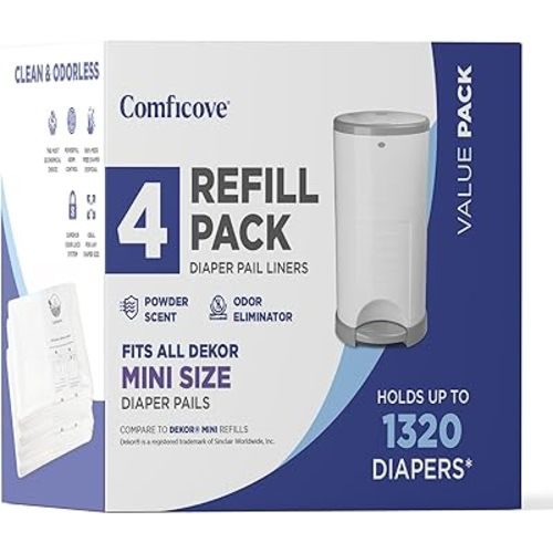 Refills Compatible with DEKOR MINI Diaper Pails | 4 Pack | Diaper Pail Refills | Powder Scent | Holds up to 1320 Diapers