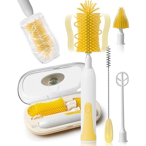 Electric Baby Bottle Brush Set, Automatic Spinning Bottle Brush, Straw Brush, Milk Frother, Travel Set, for New Moms, Baby Bottle Cleaner (Yellow)