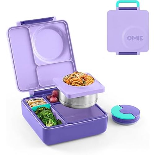 OmieBox Bento Box for Kids - Insulated Bento Lunch Box with Leak Proof Vacuum Insulated Food Jar - 3 Compartments, Two Temperature Zones (Purple Plum)