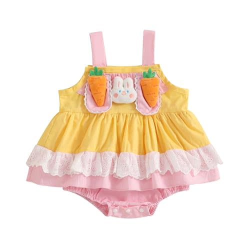 Pivanzore Infant Baby Girl Romper Easter Bunny Carrot Sleeveless Contrast Color Pleated Baby Bodysuit Tulle Romper Dress