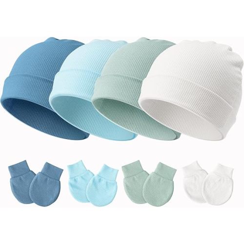 DRESHOW BQUBO Baby Newborn Hats with Scratch Mittens for Unisex Preemie Newborn Hats Hospital Hat for Boys Girls 0-6 Months