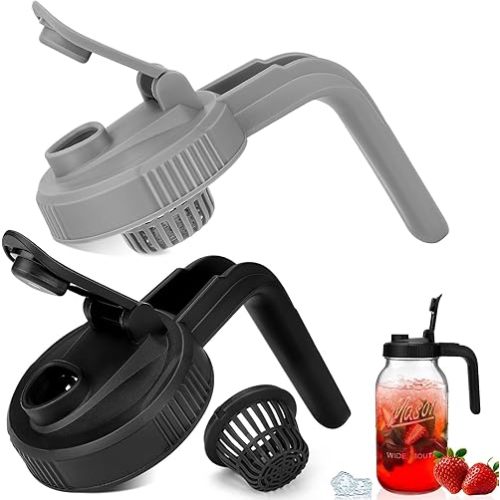 Mason Jar Pour Spout Lid, 2 Pack Wide Mouth Mason Jar Lids with Handle, Plastic Mason Jar Drinking Lids with V-Shaped Pour Spout, Extended Flip Cap, Airtight Leak Proof Seal Cover, Funnel, Black&Gray