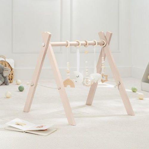 Wooden Baby Play Gym Set, Interactive Activity Center Hanging Bar With Gym Toys By Comfy Cubs, Blush