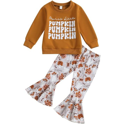Baby Girl Halloween Outfit Long Sleeve Crew Neck Letter Pumpkin Sweatshirt Bell Bottom Pants Fall Clothes Set