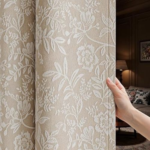 Floral Jacquard Blackout Curtains 84 Inches Long - Chenille Easy Install Grommet Drapes to Improve Sleep Quality, Bedroom Living Room Set of 2 Panels (52" W x 84" L), Beige